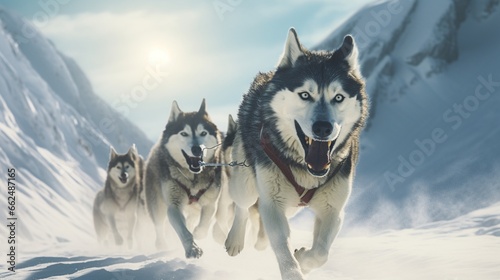 Dog sled team maneuvering through a challenging winter mountain pass  with the musher guiding the sled as the enthusiastic dogs power through the snowy terrain.