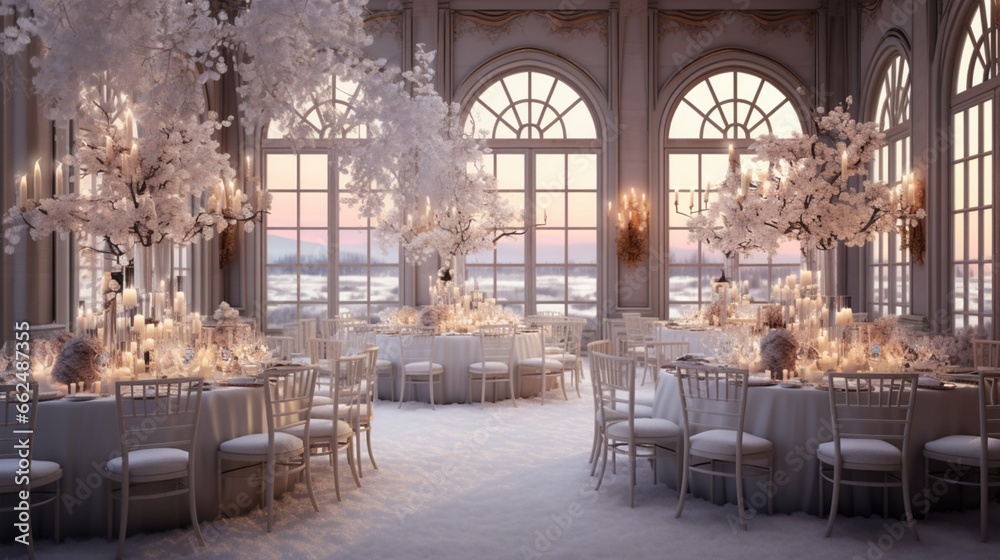 Elegant winter ballroom with crystal chandeliers casting a warm glow on snow-draped windows, capturing the magic of a sophisticated winter soir