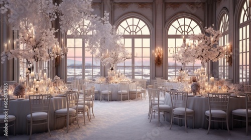 Elegant winter ballroom with crystal chandeliers casting a warm glow on snow-draped windows, capturing the magic of a sophisticated winter soir © Nasreen