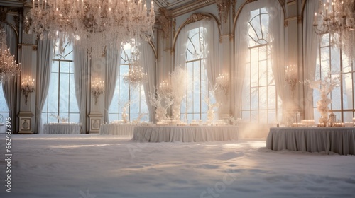 Elegant winter ballroom with crystal chandeliers casting a warm glow on snow-draped windows  capturing the magic of a sophisticated winter soir