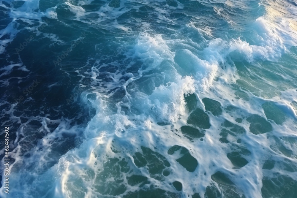 Sea wave with foam, top view. Blue ocean wave background. Close up view of ocean water surface. Sea wave texture
