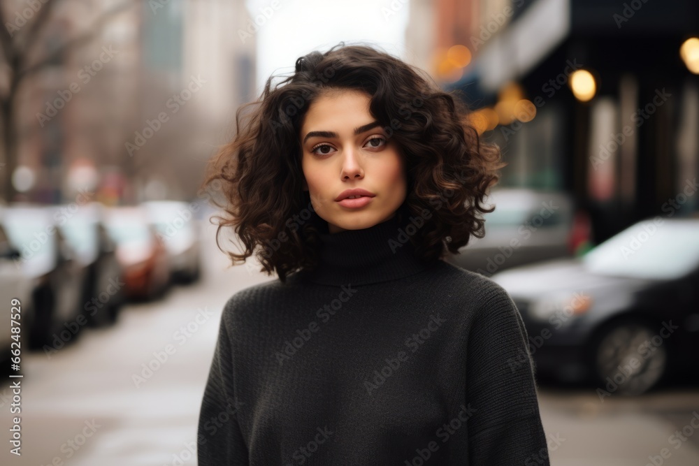 portrait of a beautiful young woman with curly hair in the city