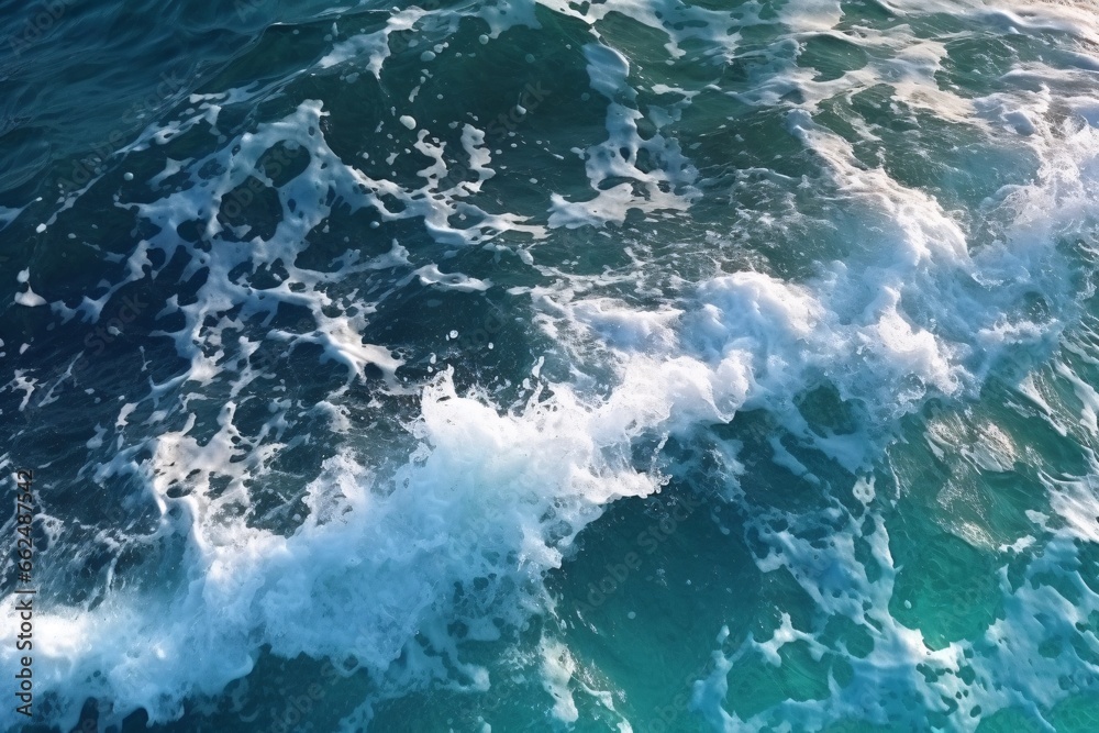 Sea wave with foam, top view. Blue ocean wave background. Close up view of ocean water surface. Sea wave texture