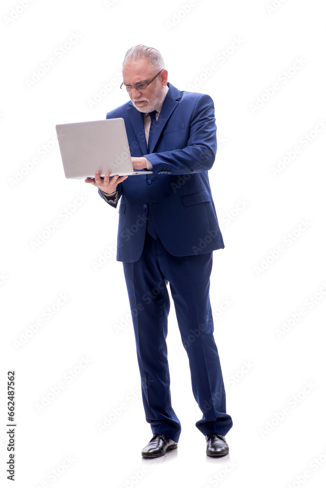 Old businessman with computer isolated on white Old businessman with computer isolated on white