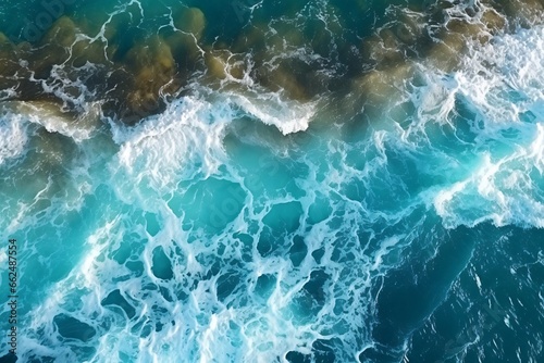 Sea wave with foam  top view. Blue ocean wave background. Close up view of ocean water surface. Sea wave texture
