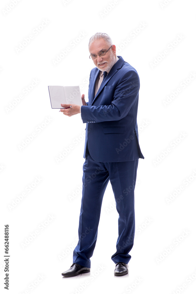 Old businessman holding book isolated on white Old businessman holding book isolated on white