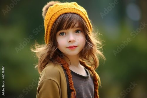 Portrait of a cute little girl in a yellow knitted hat