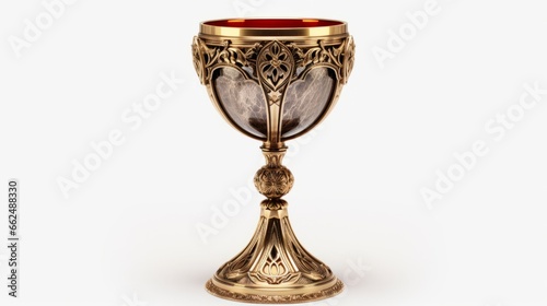 Photo of a golden goblet with a red top on a white background