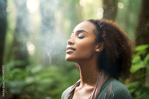 african woman breathes fresh air in the forest
