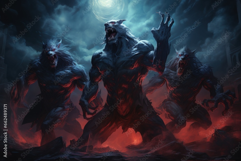 Fototapeta premium Fierce werewolves transforming under the light of the full moon - Generative AI