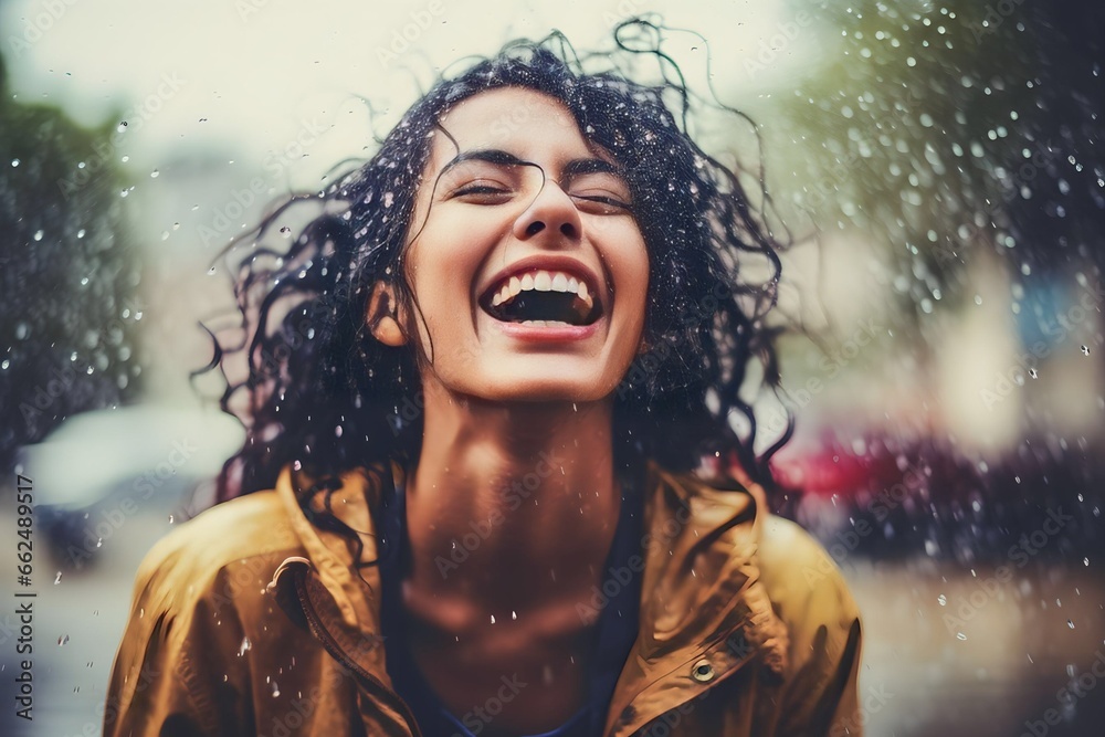 Happy woman in the rain