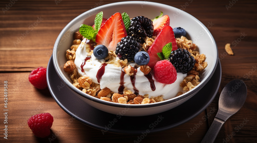 Culinary Photography, delicious Greek yogurt parfait bowl: Layer Greek yogurt with fresh fruits, nuts, and a drizzle of honey or maple syrup, mouthwatering, top - down view, natural lighting, appetizi