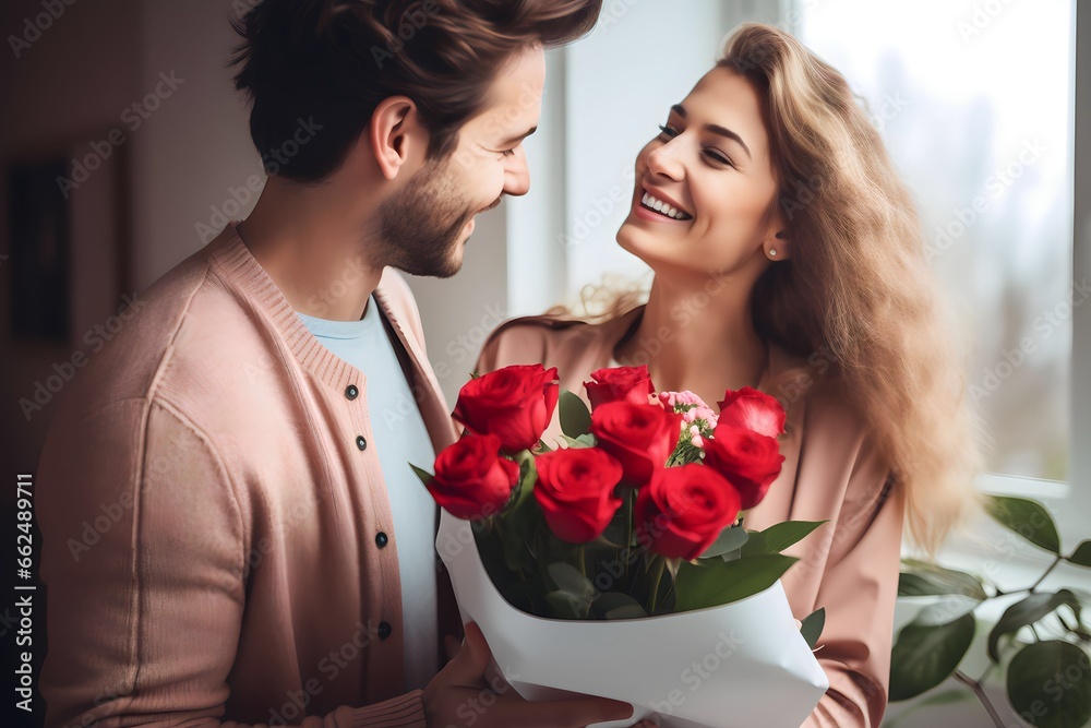 couple falls in love, man gives a bouquet of flowers and a gift to a woman couple falls in love, man gives a bouquet of flowers and a gift to a woman