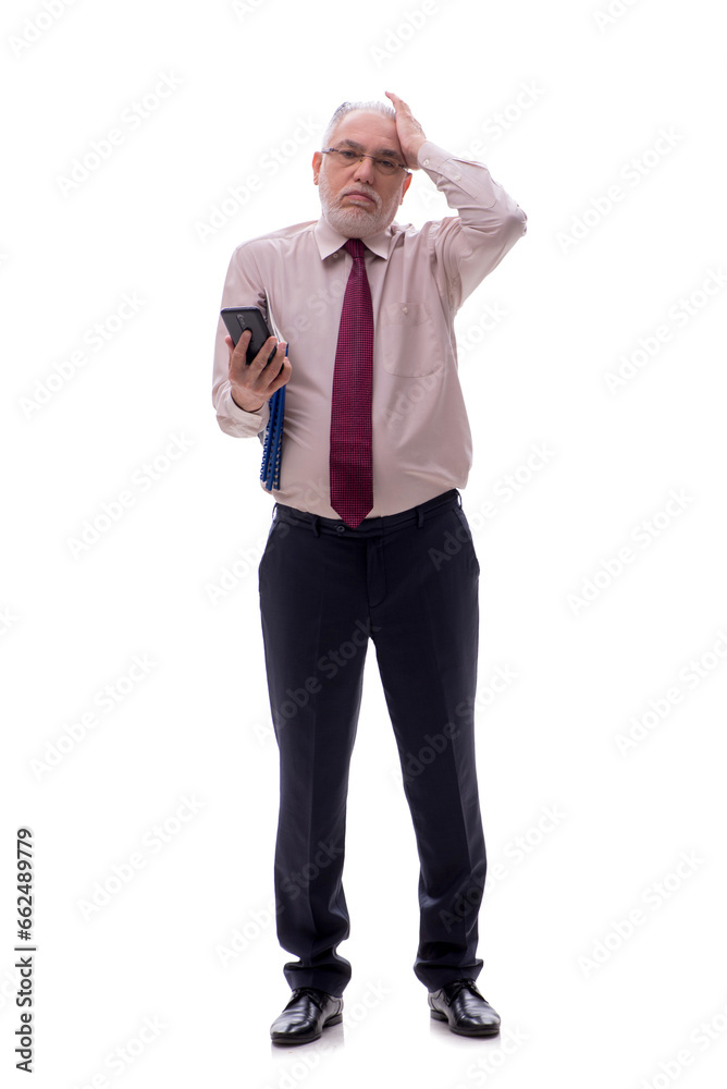 Old businessman talking by phone isolated on white Old businessman talking by phone isolated on white