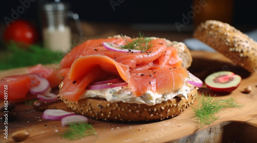 Bakery menu Bagel and Lox product on the chopping block with sunshine. Created using generative AI.