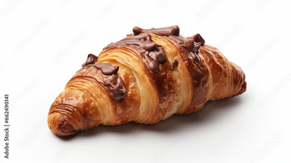 Front view fragrant chocolate almond croissant with plain white background and warm light for advertise and presentation. Created using generative AI.