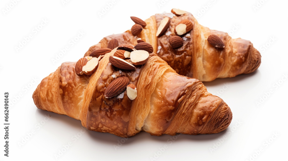 Front view fragrant chocolate almond croissant with white background and spotlight for advertise and presentation. Created using generative AI.