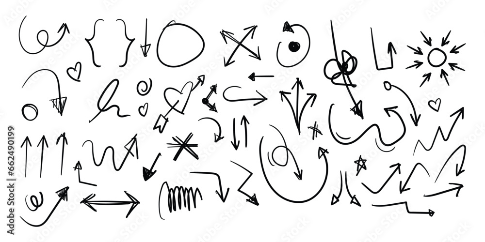 Doodle hand drawn pencil arrows, scribbles, heart, circle. Texture design elements.