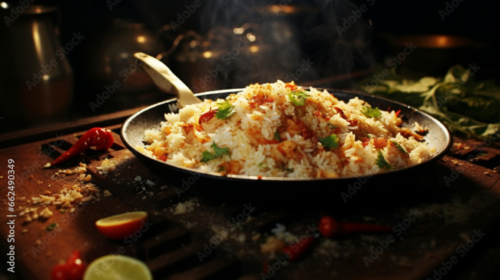 Pork fired rice on the table and kitchen background with sunny rays for advertise. Created using generative AI.