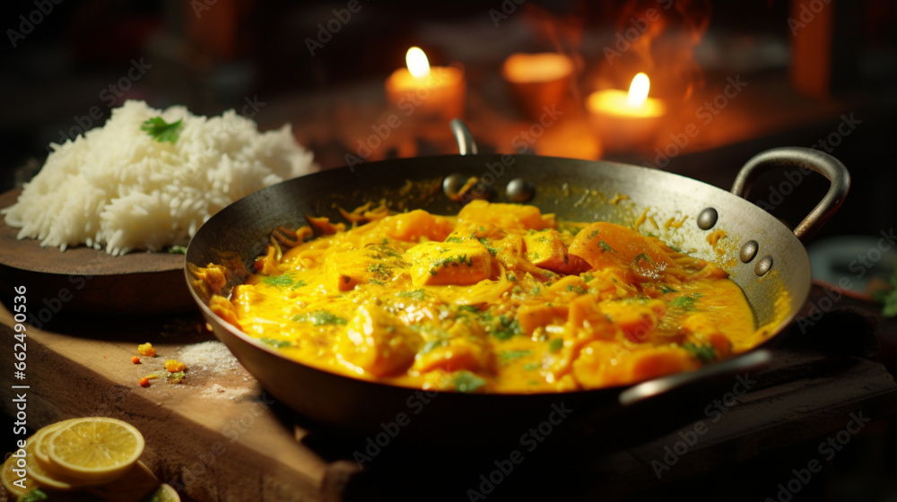Curry with rice on the table and kitchen background with sunny rays for advertise. Created using generative AI. Curry with rice on the table and kitchen background with sunny rays for advertise. Created using generative AI.
