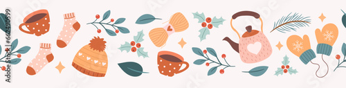Winter and autumn elements border design. Seamless cozy banner
