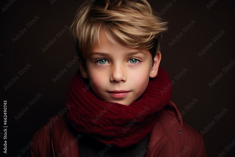 Portrait of a beautiful fashionable boy in a red coat and scarf. Portrait of a beautiful fashionable boy in a red coat and scarf.