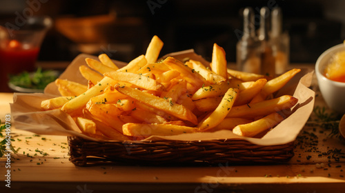 French fries in the package on the wood chopping block with sunshine. Created using generative AI.