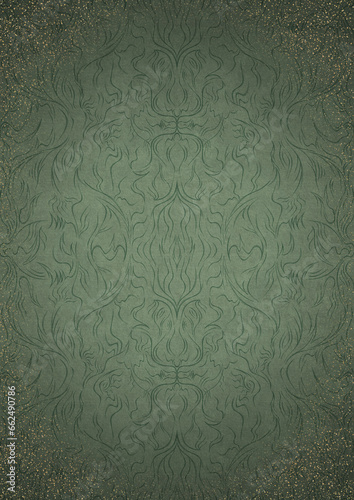Wallpaper Mural Hand-drawn ornament. Dark green on light warm green background, with vignette of darker background color and splatters of golden glitter. Paper texture. Digital, A4. (pattern: p11-1d) Torontodigital.ca