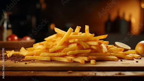 French fries on the table and kitchen background with sunny rays for advertise. Created using generative AI.