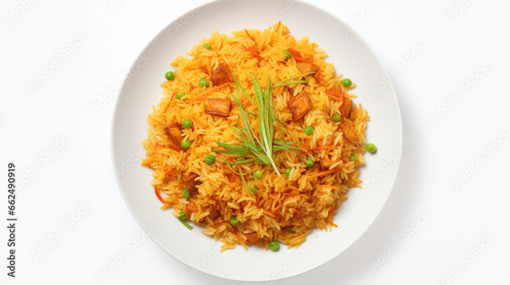 Top view fragrant fried rice with plain white background and warm light for advertise and presentation. Created using generative AI.