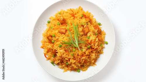 Top view fragrant fried rice with plain white background and warm light for advertise and presentation. Created using generative AI.