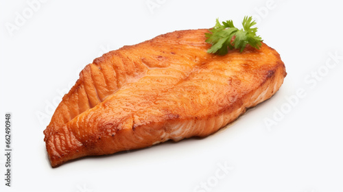 Front view fresh fried salmon steak with clear white background and spotlight for product presentation. Created using generative AI.