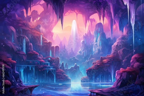 Harmonious waterfalls of glowing crystals  cascading with soothing melodies - Generative AI