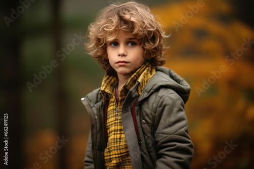 Portrait of a curly-haired boy in a warm jacket in the autumn forest.