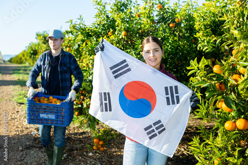 Portrait of a young confident farmer woman in a fruit nursery, holding the national flag of the Republic of Korea in her hands .and demonstrating it photo