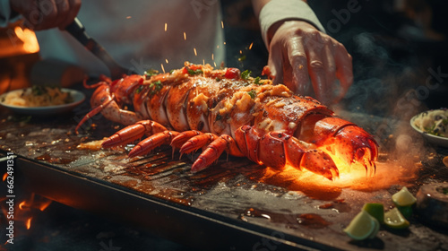 Roast Lobster and chef on the wood chopping block with sunshine. Created using generative AI.