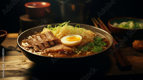 Fresh Miso ramen with pork on the wood table with sun light for product presentation. Created using generative AI.