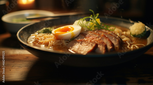 Fragrant Miso ramen on the table with kitchen background and morning sunrise. Created using generative AI.