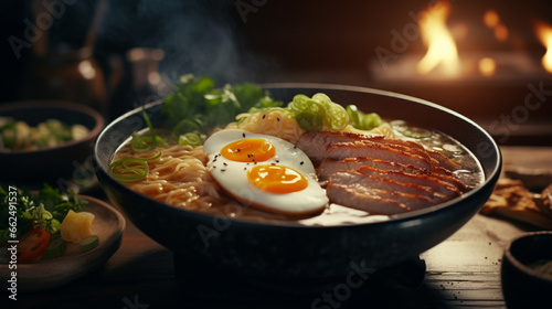 Miso ramen with pork and egg on the wood chopping block with sunshine. Created using generative AI.
