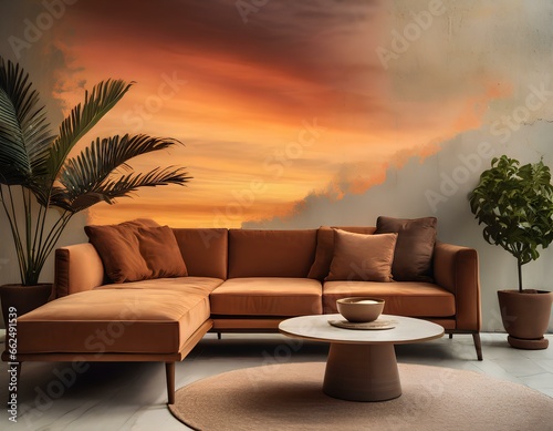 Brown sofa and round coffee table against abstract sunset wall. Loft minimalist home interior design of modern living room  exotic, tropical plants in pots © 健太郎 椿原