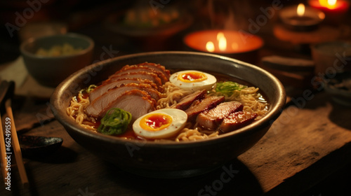 Fresh Miso ramen with pork on the wood table with sun light for product presentation. Created using generative AI.
