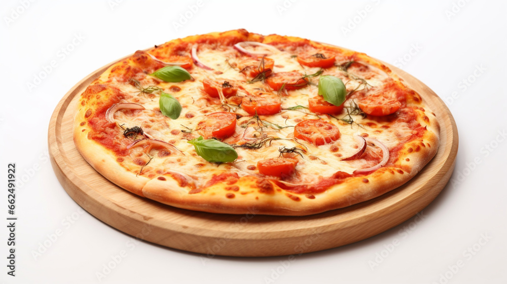 Front view fragrant Italian pizza with plain white background and warm light for advertise and presentation. Created using generative AI.