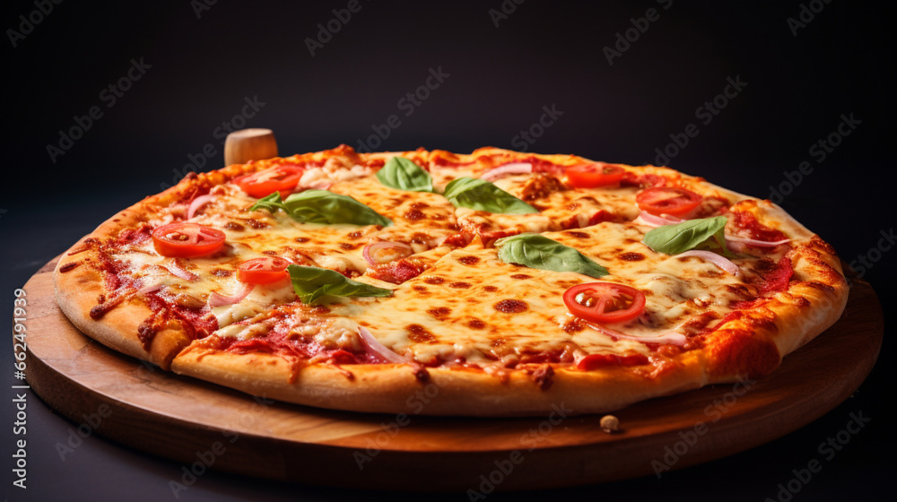 Front view fresh Italian pizza with clear black background and spotlight for product presentation. Created using generative AI.
