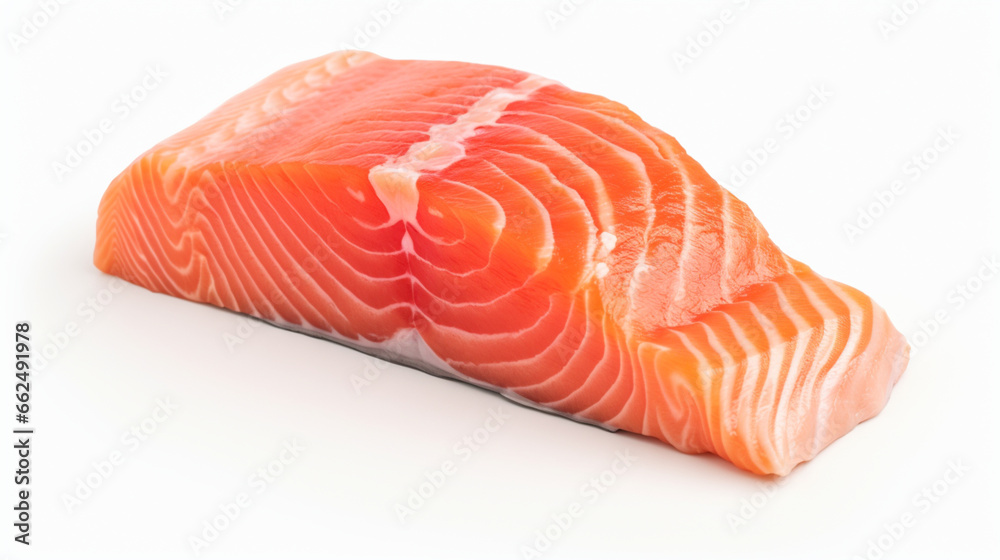 Front view fresh salmon fillet with white background and warm light for product presentation. Created using generative AI.