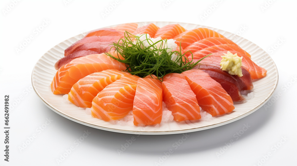 Front view fresh Sashimi and fillet with white background and warm light for product presentation. Created using generative AI. Front view fresh Sashimi and fillet with white background and warm light for product presentation. Created using generative AI.