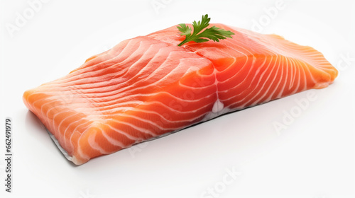 Front view raw salmon fillet with plain white background and warm light for advertise and presentation. Created using generative AI.