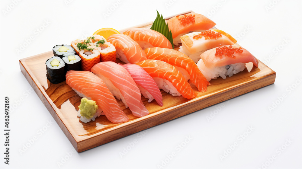 Front view fragrant Sushi and maki and sashimi set with plain white background and warm light for advertise and presentation. Created using generative AI. Front view fragrant Sushi and maki and sashimi set with plain white background and warm light for advertise and presentation. Created using generative AI.