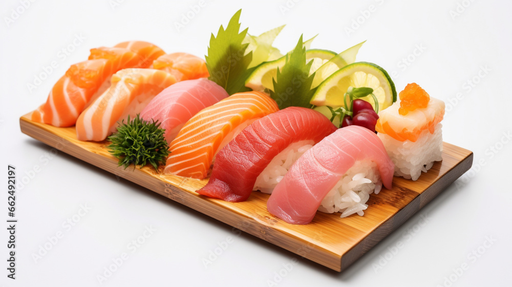 Front view fresh Sushi and sashimi set with white background and warm light for product presentation. Created using generative AI. Front view fresh Sushi and sashimi set with white background and warm light for product presentation. Created using generative AI.