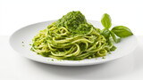 Front view fragrant Spaghetti pesto sauce with white background and spotlight for advertise and presentation. Created using generative AI.