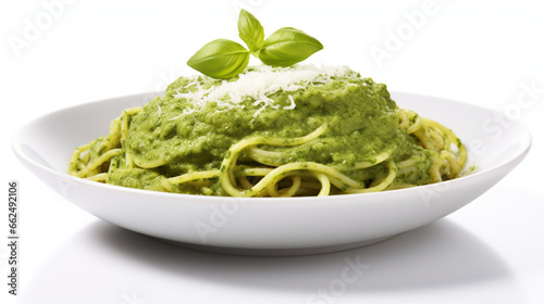 Front view fresh Spaghetti pesto sauce with white background and warm light for product presentation. Created using generative AI.